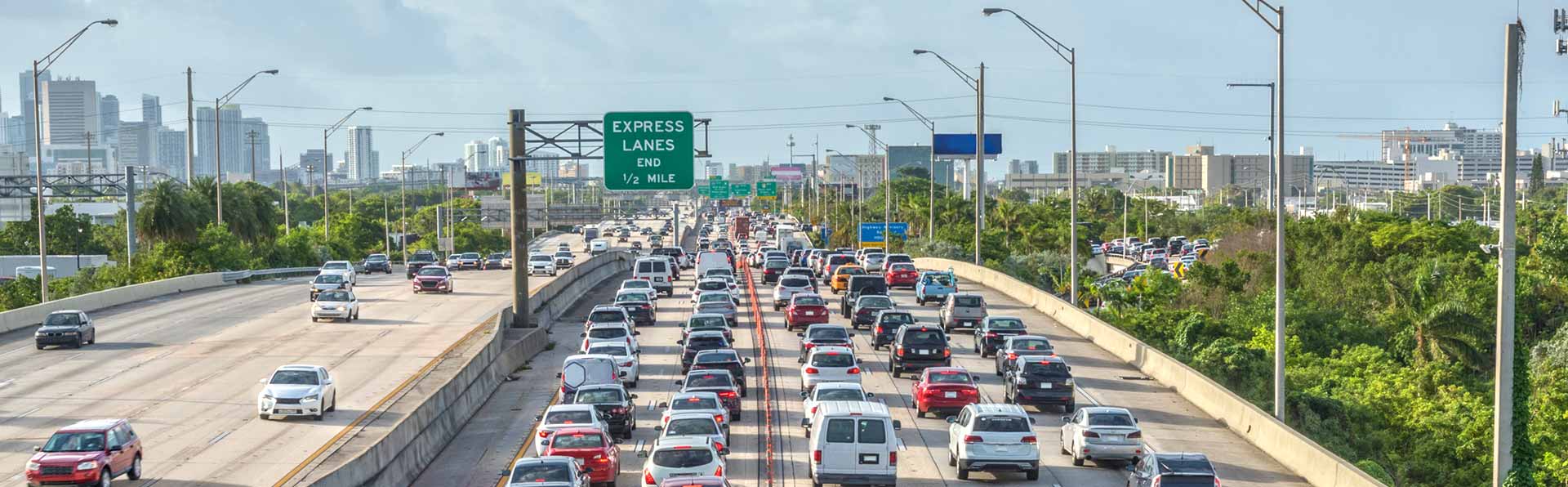 heavy traffic on freeway heading into Miami, FL