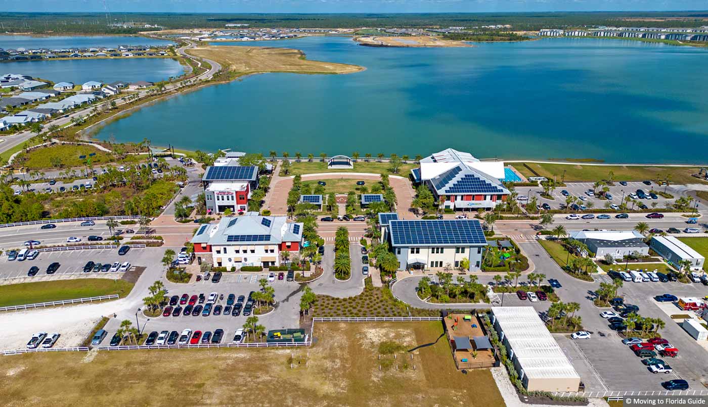 solar powered buildings overlooking large florida lake