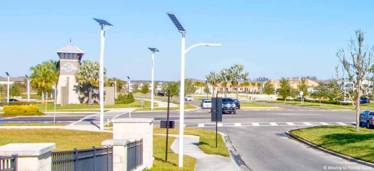 solar-powered street lights in a residential community