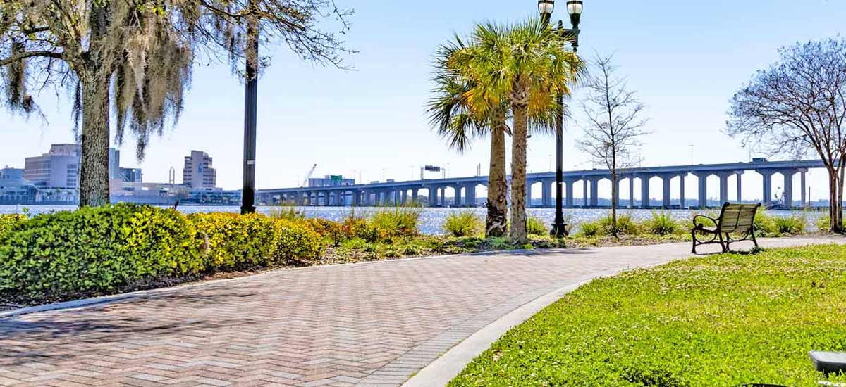 pavered walkway with palm trees and green grass next to a bridge and river 