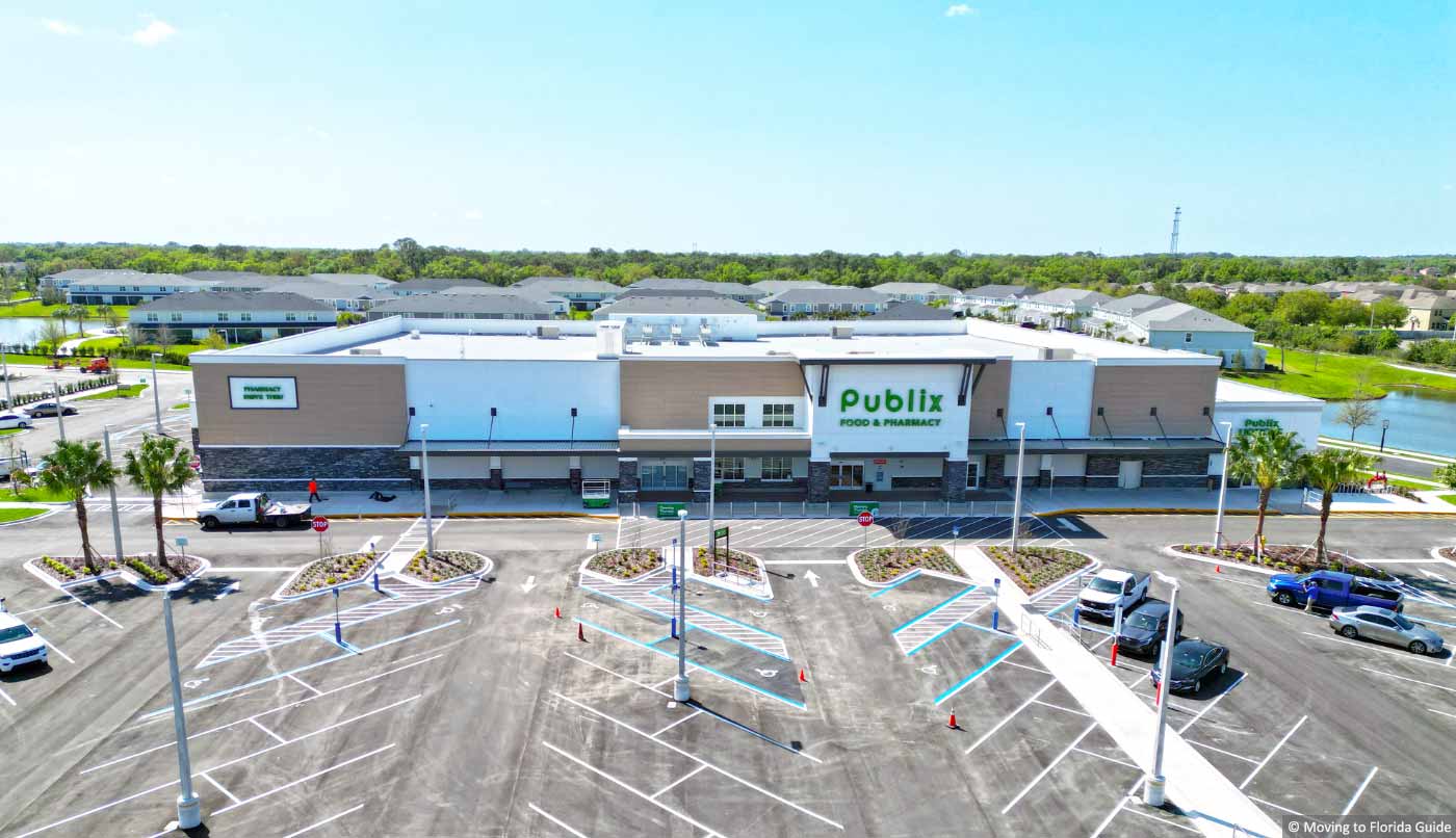 aerial view of a large grocery store and parking lot