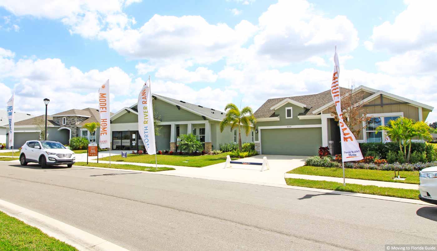 single-story model homes in a new florida community